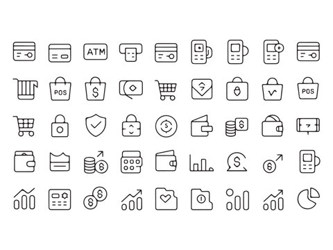 Collection of various business and finance related icons such as payment methods shopping carts wallets and financial symbols