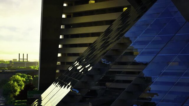 Angular concrete stairs carved by light, deep shadows and glossy blue tiles form highcontrast composition, repetitive lines evoke monumental scale and quiet