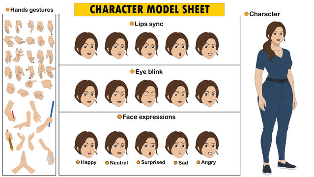 Young Woman Character Model Sheet in Blue Shirt and Jeans with Face Expressions and Hand Gestures Vector Illustration