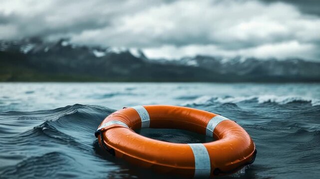Orange lifebuoy floating alone on dark stormy ocean waves near misty mountain coast dramatic rescue equipment scene for maritime safety danger emergency survival travel concept with cinematic seascape