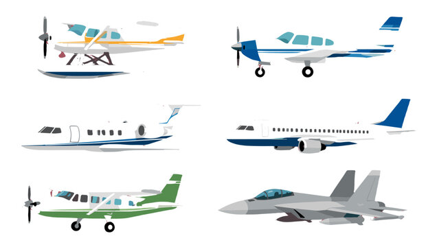 Collection of six airplane types in side view vector style