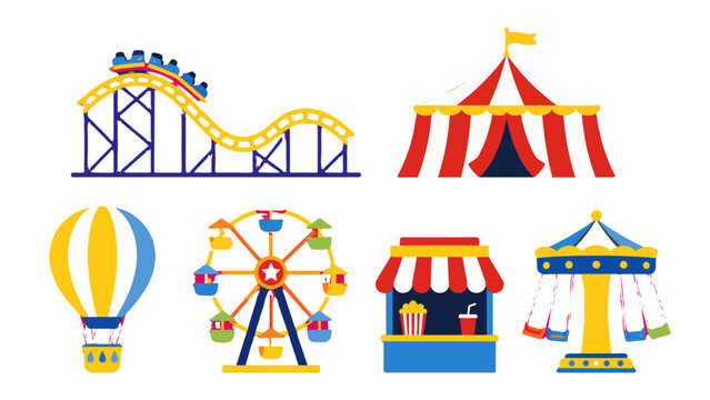Colorful amusement park icons with rides tent and food stall