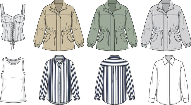 Women fashion clothing set technical sketch vector illustration featuring corset drawstring jacket and striped shirt garment templates