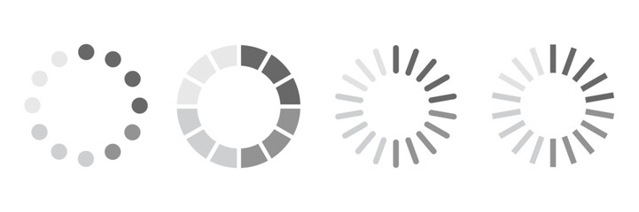 Naklejka premium Loading Icon Set Flat Grey Minimalist Circular Progress Bars Preloader Spinners and Digital Buffering Indicators for App Development Web Design and User Interface