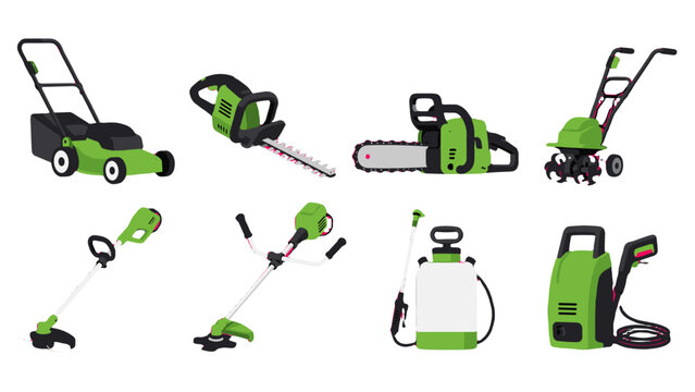 Set of green garden power tools isolated on white background