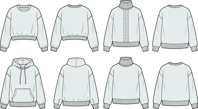 Women fashion knitwear collection technical sketch vector illustration featuring hoodie sweatshirt cable knit sweater and turtleneck garment templates