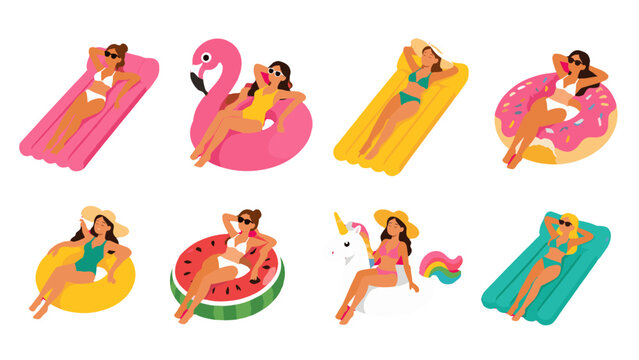 Women relaxing on colorful inflatable pool floats set