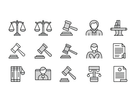 Line icons of legal symbols and people working in law  scales gavel judge lawyer documents