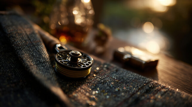 Brass and cork fly reel resting on a tweed jacket beside a pocket flask in warm golden hour light with a soft glowing background