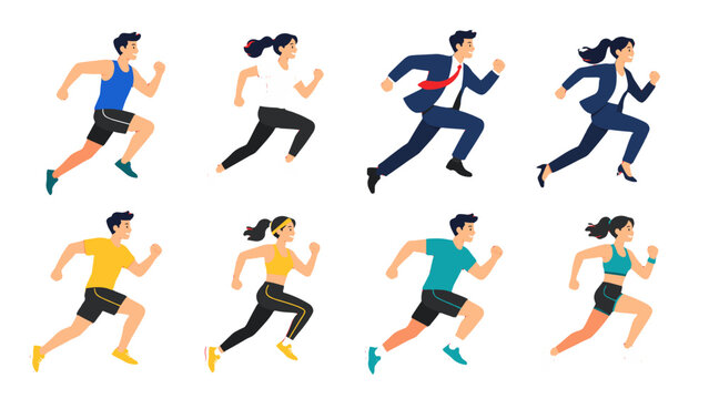 Set of running men and women in sportswear and business suits
