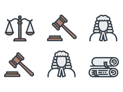 Law and justice icons including scales gavel judge wig and legal documents  simple line style illustrations for legal concepts and justice symbols