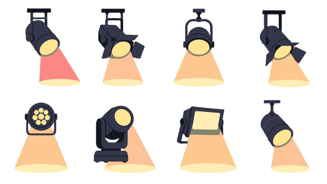 Set of stage and studio spotlights with glowing beams