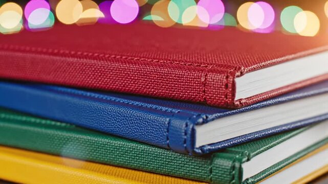 Stack of colorful hardcover notebooks and journals against a festive background of glowing bokeh lights