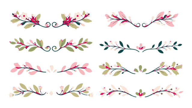 Set of floral decorative dividers with pink leaves and branches