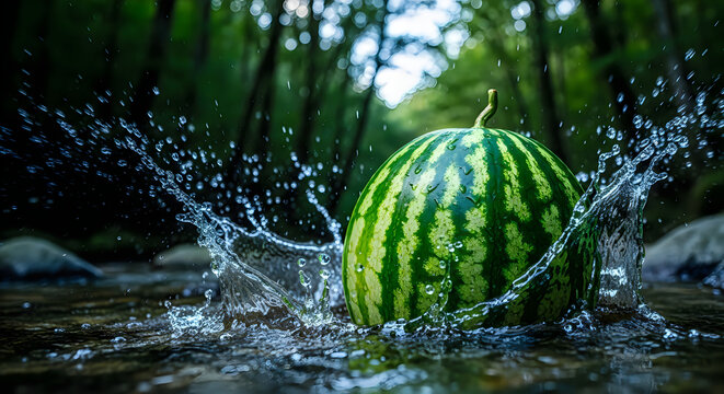 Watermelon Falling into Water Splash