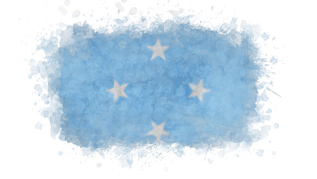 The flag of Micronesia is artistically presented with a watercolor splash effect, displaying a light blue field with four white stars arranged in a diamond pattern.