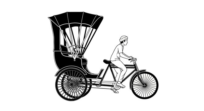 Black and White Illustration of a Cycle Rickshaw with Rider