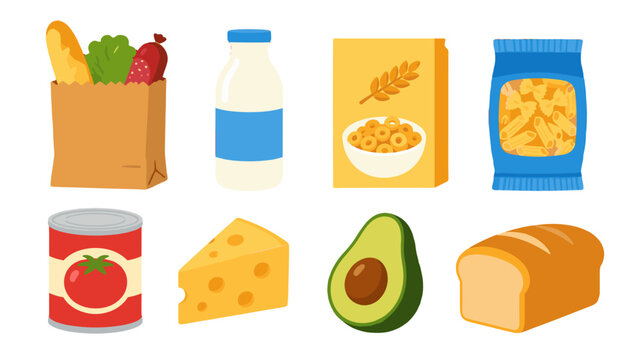 Set of grocery food items and packaged products vector icons