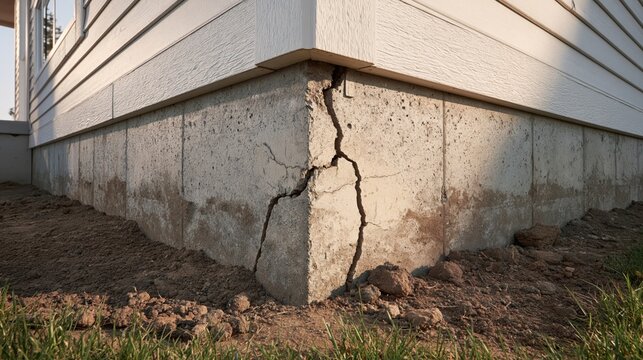 Damaged concrete strip foundation with deep structural cracks caused by soil movement and house settlement problems.