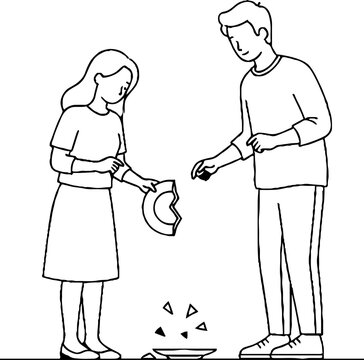 Two people sharing and examining a broken object carefully.
