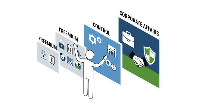 Businessperson managing digital corporate control systems interface.