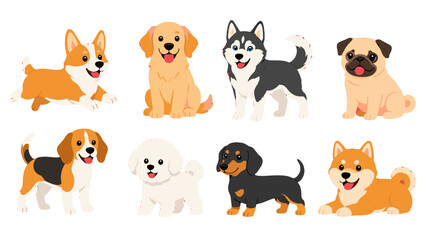 Cute cartoon dog breeds set isolated on white background © Alan