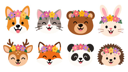 Obraz premium Cute animal faces with flower crowns in flat vector style