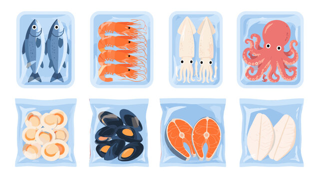 Assorted frozen seafood packages and trays vector set