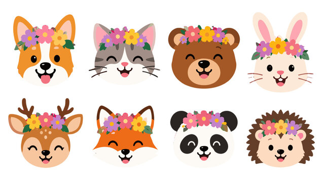 Cute animal faces with flower crowns in flat vector style