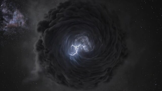A swirling vortex of dark cosmic clouds with bright lightning illuminating the center, set against a backdrop of stars and distant nebulae.