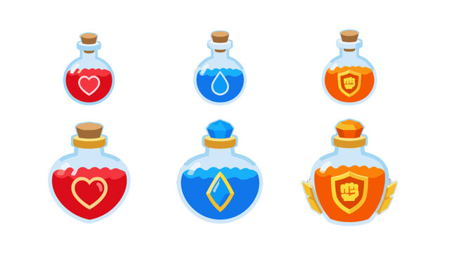 Set of colorful fantasy potion bottles with game icons