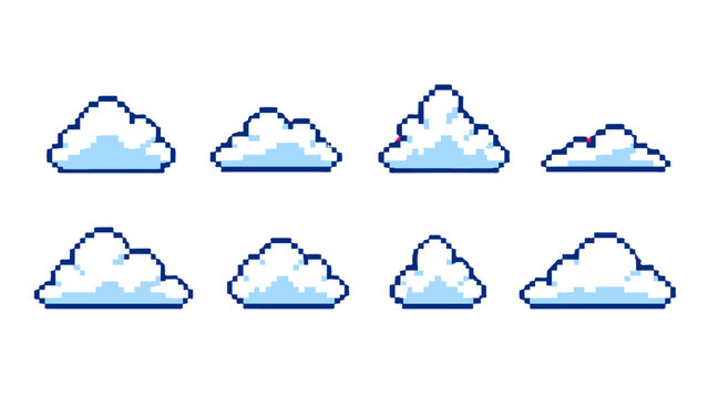 Set of pixel art cloud icons isolated on white background