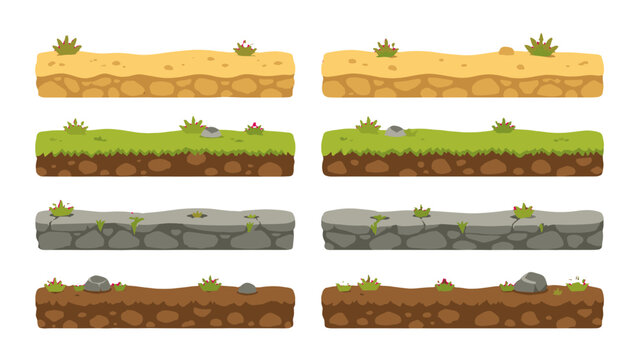Cartoon game platform tiles with sand grass rock and soil
