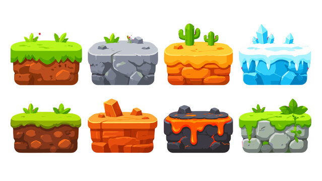 Cartoon game platform tiles set with grass rock desert and ice