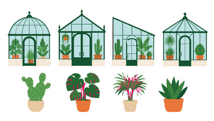 Fototapeta premium Set of greenhouse structures with potted houseplants vector