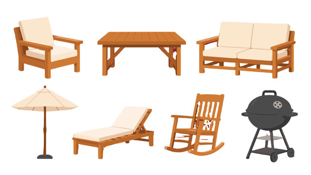 Outdoor patio furniture and barbecue grill vector set