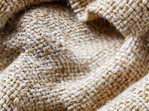 Detailed macro close-up of a rustic beige burlap or woven tweed fabric texture