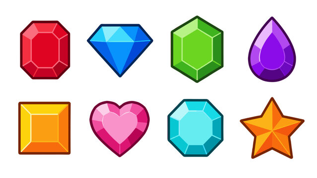 Colorful cartoon gemstone icons set with assorted jewel shapes