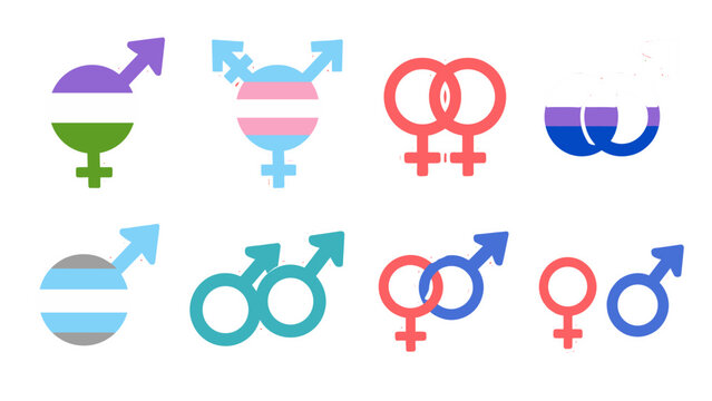 Set of gender symbols with pride flag colors in flat vector style