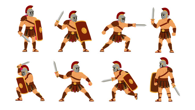Ancient gladiator warrior character set in different poses