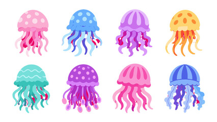 Colorful cartoon jellyfish set isolated on white background © Alan
