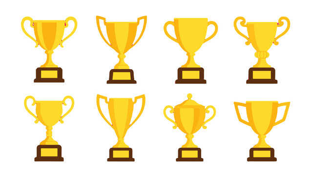 Set of golden trophy cup icons in flat vector style