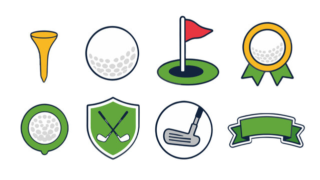 Golf equipment and symbols icon set in flat vector style