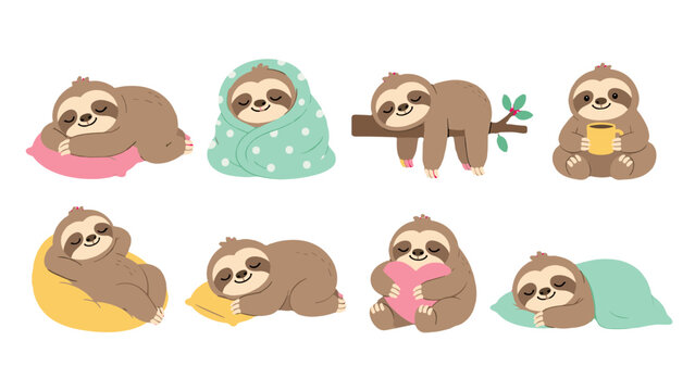 Cute sloth cartoon set with pillows blanket branch and mug