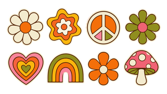 Retro floral and peace symbol sticker set in groovy vector style