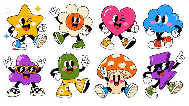 Cute cartoon sticker set with star flower heart cloud and mushroom