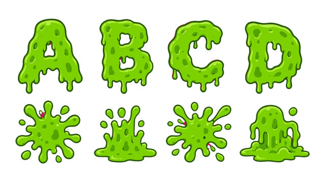 Green slime alphabet letters and goo splatter vector set