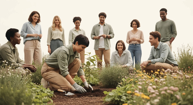 Diverse Group of Volunteers Planting a Tree Together, Community Environmental Sustainability and Corporate Social Responsibility Concept