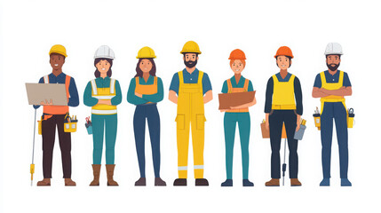 Obraz premium Group of diverse construction workers and engineers isolated on white background
