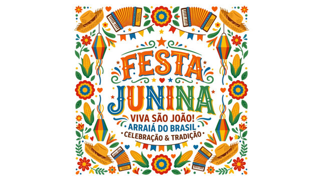 Vibrant Festa Junina decorative border with flowers and leaves celebrates Brazilian culture and tradition